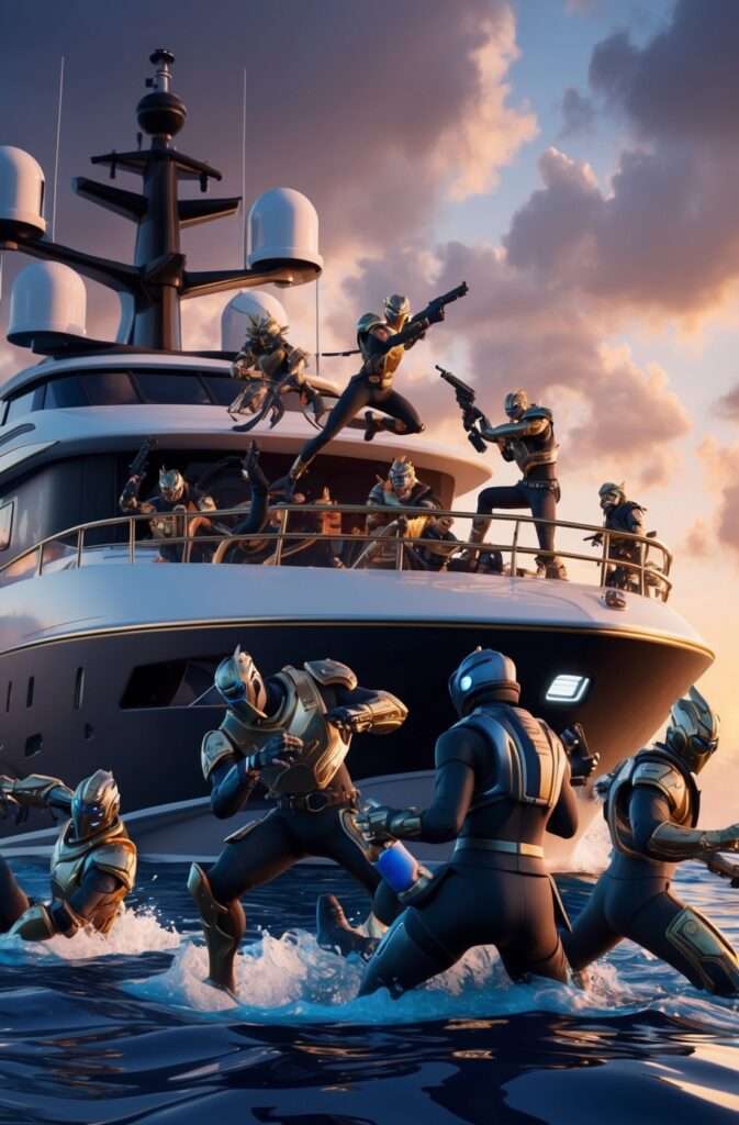 "Fortnite Remix 2: Players and NPCs battle across The Yacht in an all-out assault, featuring intense action on the upper and lower decks."

