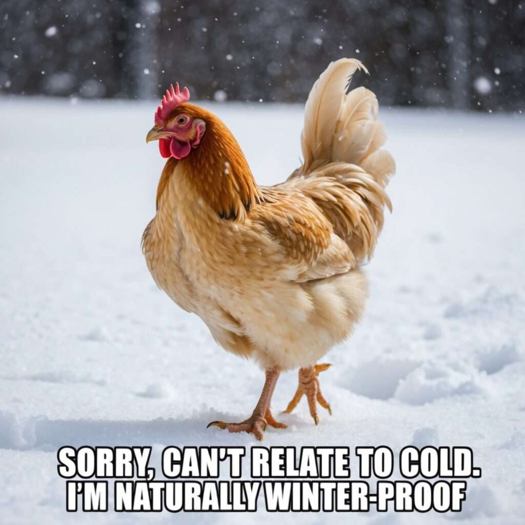 "Humorous cartoon-style illustration of a chicken confidently walking through the snow in a winter coat, exuding confidence while showcasing its natural ability to stay warm in cold weather."
