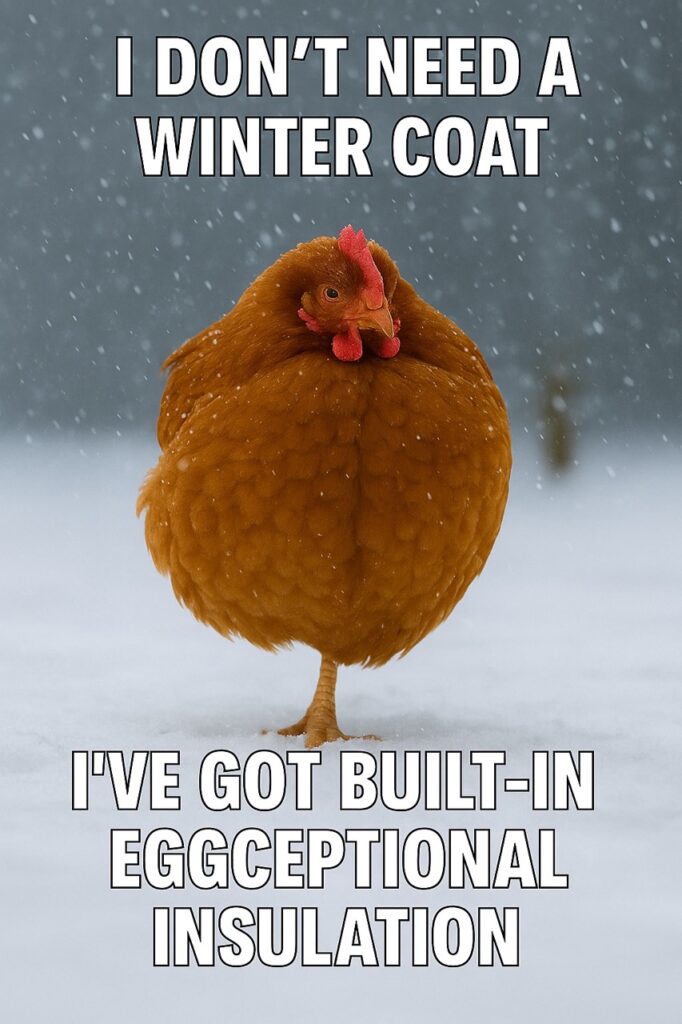 A fluffy brown chicken stands puffed up in falling snow with the caption: “I don’t need a winter coat — I’ve got built-in eggceptional insulation.”