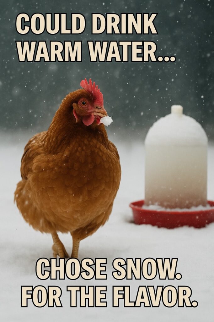 Chicken standing in the snow with a snow chunk in its beak, ignoring a heated waterer nearby.