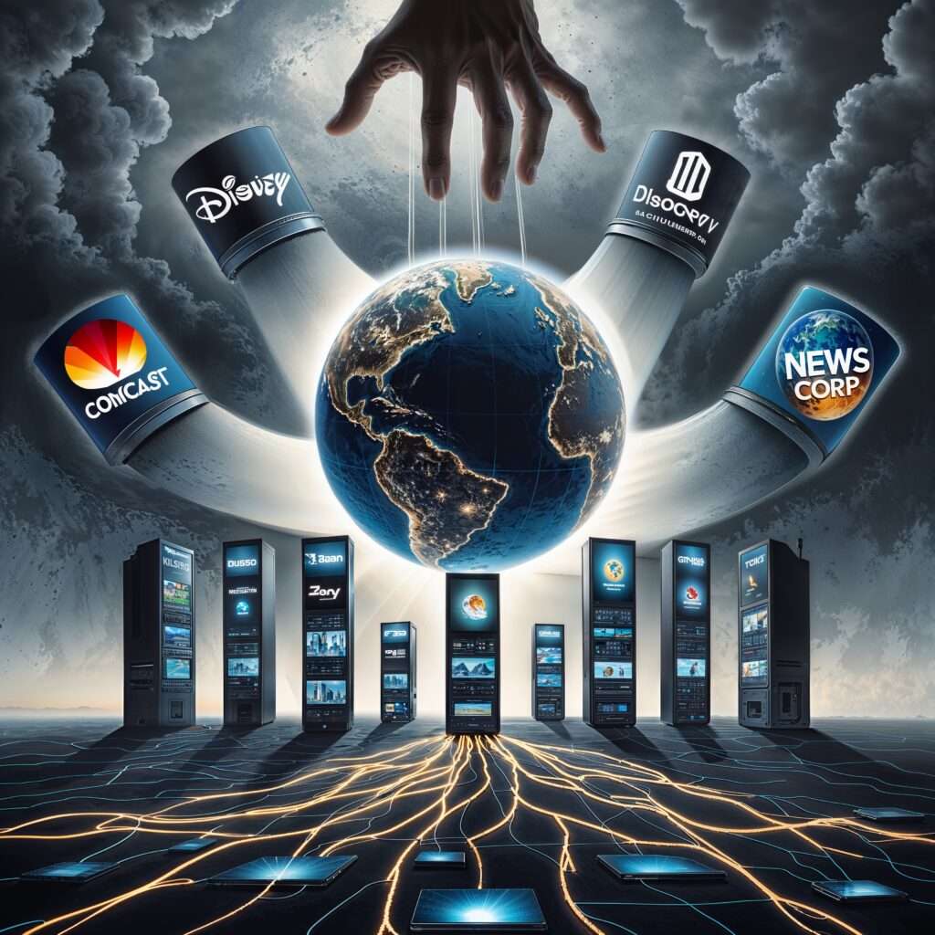 "A globe surrounded by towering media structures representing corporations like Disney, Warner Bros., and News Corp, symbolizing media control."