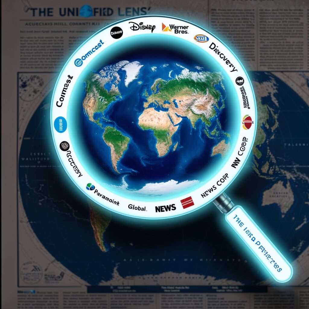 "A glowing magnifying glass encircling a globe, surrounded by logos of major media corporations, symbolizing the unified lens of global media."

