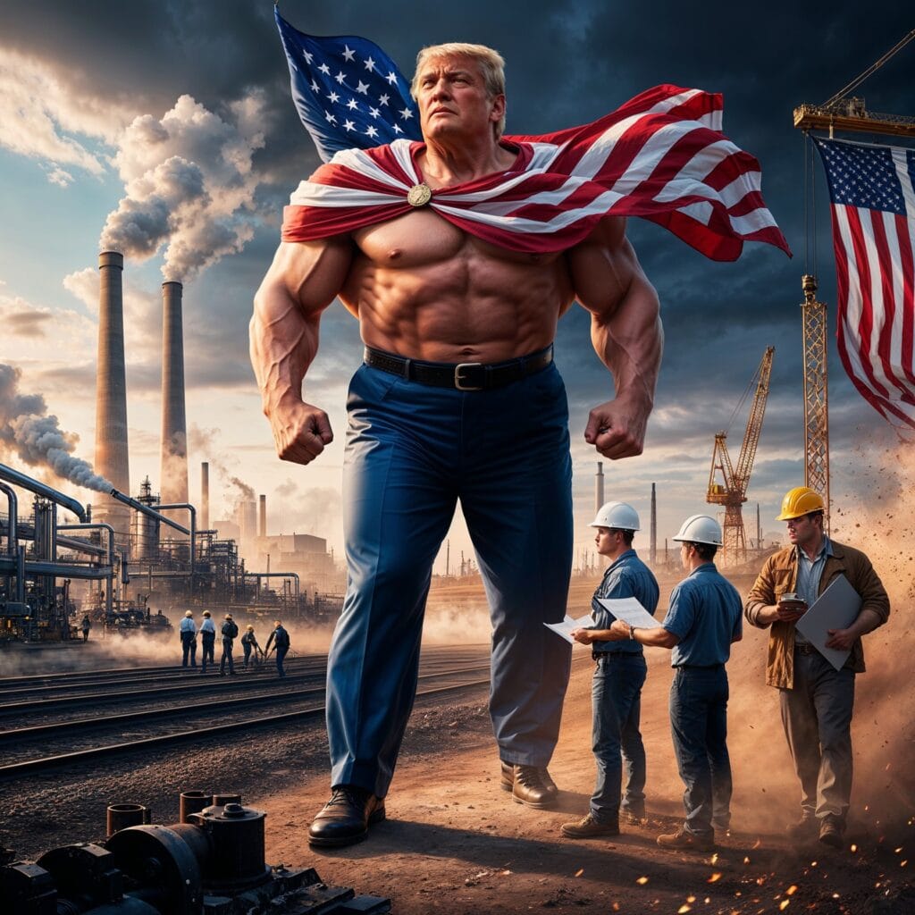 Muscular Trump with an American flag draped over his shoulders stands in an industrial landscape, symbolizing protection and growth for American industry.