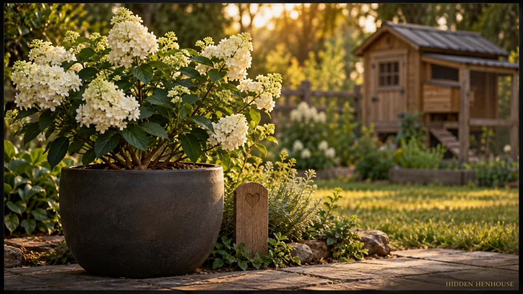 A flowering shrub in a large planter beside a small wooden memorial marker in a quiet backyard.