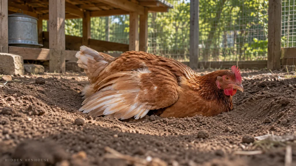 A brown hen settles into loose dry soil beneath an open-sided shelter in a backyard chicken run.