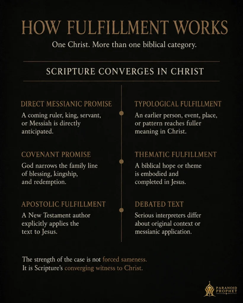Christian infographic explaining six biblical fulfillment categories: direct messianic promise, covenant promise, apostolic fulfillment, typological fulfillment, thematic fulfillment, and debated text.