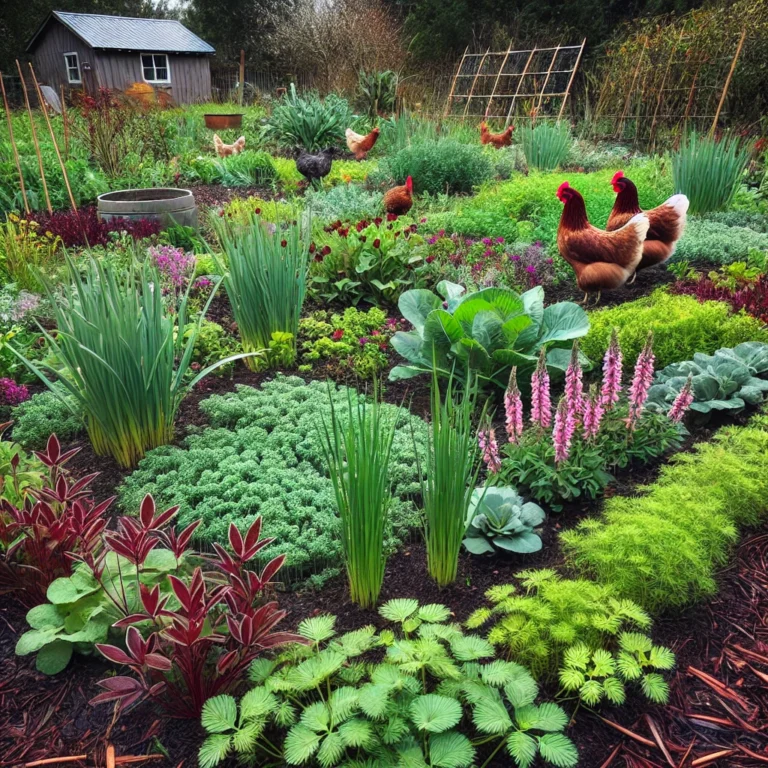 Winter cover crops in a Southeastern garden, including rye, clover, and wheat with chickens grazing among them.