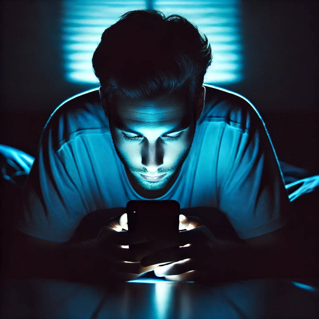 A person’s face illuminated by the blue glow of a phone screen in a dark room