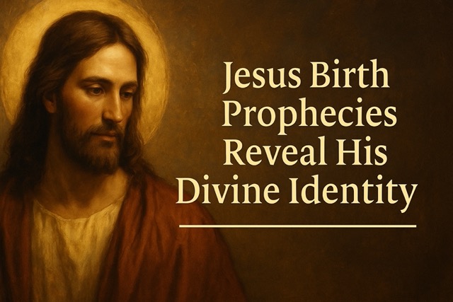 Jesus stands in radiant glory above a glowing manger, symbolizing fulfilled prophecies and divine identity.