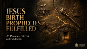 Dark bronze biblical relief showing a seed, ancient tent, royal scepter, crown, and humble lamp-lit Bethlehem doorway connected by fine gold inlay lines, illustrating Old Testament promises converging in Jesus Christ.