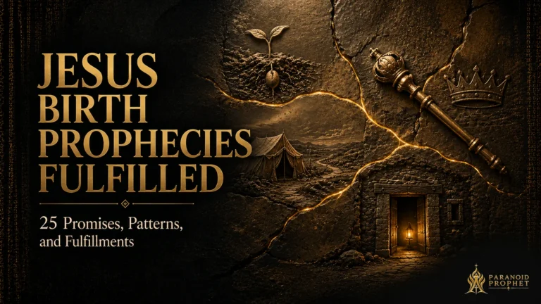 Dark bronze biblical relief showing a seed, ancient tent, royal scepter, crown, and humble lamp-lit Bethlehem doorway connected by fine gold inlay lines, illustrating Old Testament promises converging in Jesus Christ.