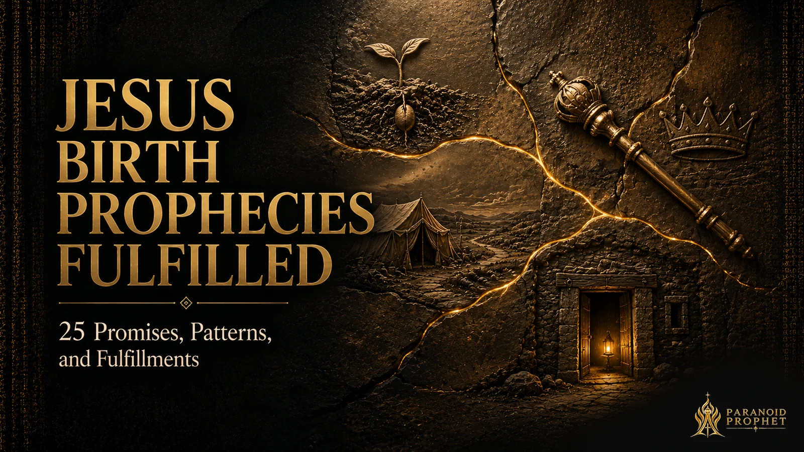 Dark bronze biblical relief showing a seed, ancient tent, royal scepter, crown, and humble lamp-lit Bethlehem doorway connected by fine gold inlay lines, illustrating Old Testament promises converging in Jesus Christ.