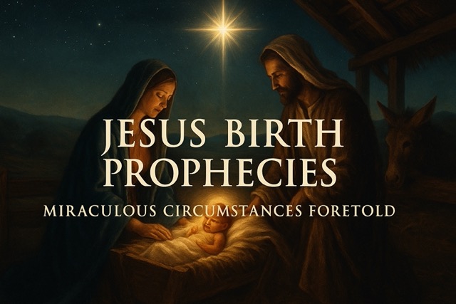 “Traditional painting of the nativity scene illustrating the miraculous birth of Jesus, with light from heaven illuminating the stable, fulfilling Old Testament prophecy.”