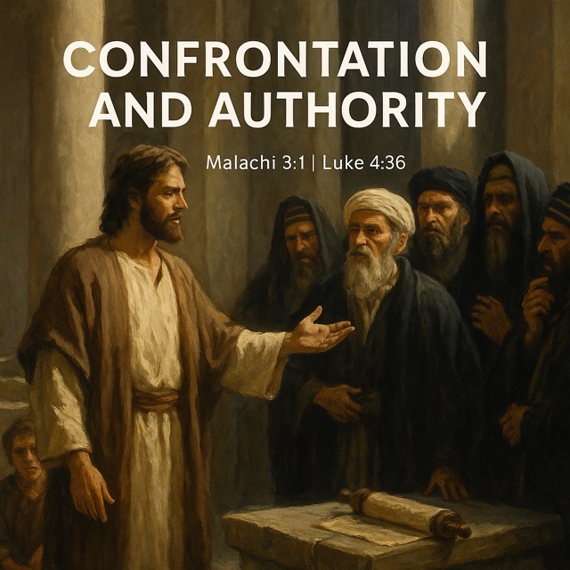 A realistic digital painting of Jesus Christ standing in the Temple courts, confidently confronting a group of Pharisees. His hand is raised as He teaches with divine authority, fulfilling Malachi 3:1 and Luke 4:36. The Pharisees react with tension and confusion, while a child watches in quiet awe.