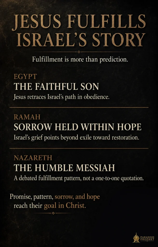 Christian infographic explaining that Jesus fulfills Israel’s story through Egypt as the faithful Son, Ramah as sorrow held within hope, and Nazareth as a debated humble-Messiah fulfillment pattern.