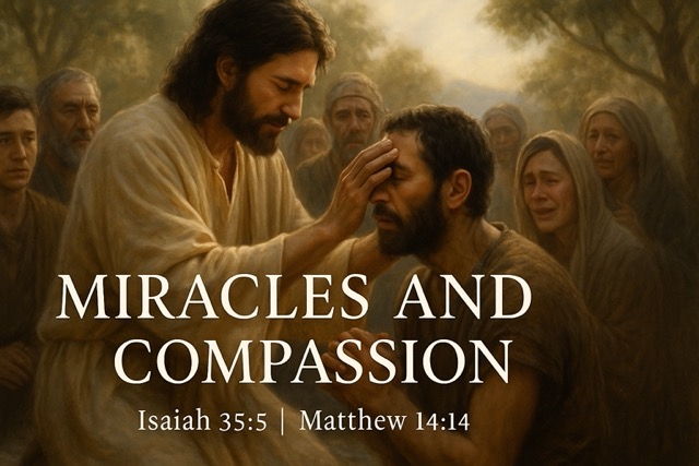 A photorealistic digital painting of Jesus gently touching the face of a blind man during healing, surrounded by onlookers. The scene illustrates Isaiah 35:5 — “Then the eyes of the blind will be opened” — and Matthew 14:14, showing Jesus moved with compassion and healing the sick.