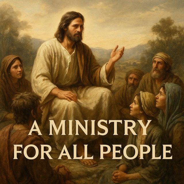 A realistic digital painting of Jesus Christ seated outdoors, surrounded by a diverse crowd including men, women, Jews, and Gentiles. The image visually represents the fulfillment of Isaiah 49:6 and Matthew 8:11 — that the Messiah would minister to all nations and people groups with compassion.
