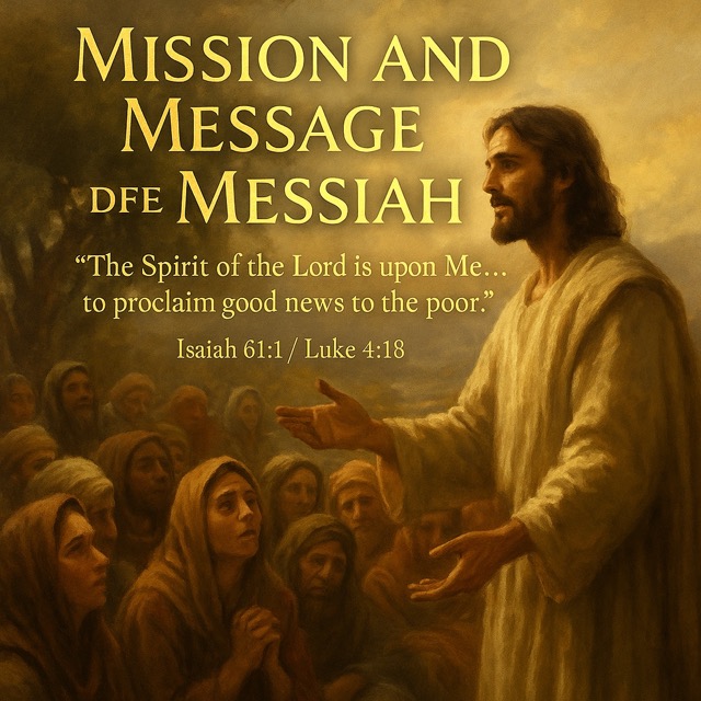 Jesus Christ standing outdoors, preaching to the poor and brokenhearted with compassion, fulfilling Isaiah 61:1 — “to proclaim good news to the poor.” A cinematic, photo-realistic depiction of the Messiah’s divine mission.