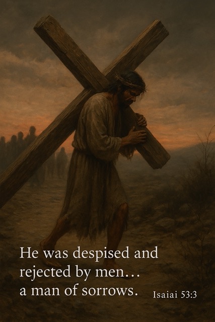 A cinematic digital painting of Jesus walking alone along a dusty road at dawn, carrying a heavy wooden crossbeam. His face shows sorrow and resolve. Behind Him, distant shadowy figures symbolize rejection. This image fulfills Isaiah 53:3 — “He was despised and rejected by men… a man of sorrows.”