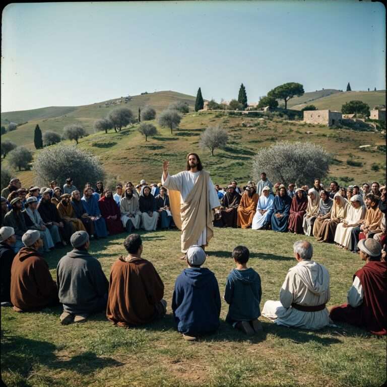 "Jesus teaching a diverse crowd on a hillside in Galilee, fulfilling Old Testament prophecies about His ministry through preaching and parables."