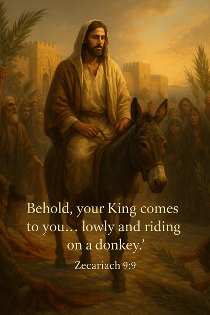 Jesus rides a young donkey toward Jerusalem, surrounded by crowds laying down palm branches and cloaks. His expression is humble and resolute, fulfilling the prophecy of Zechariah 9:9: “Behold, your King comes to you… lowly and riding on a donkey.”