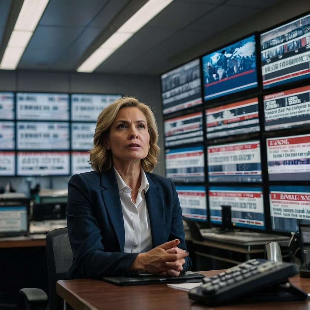 A professional journalist seated in a newsroom surrounded by monitors displaying headlines about Project 2025 and reproductive rights, symbolizing media amplification of these issues.

