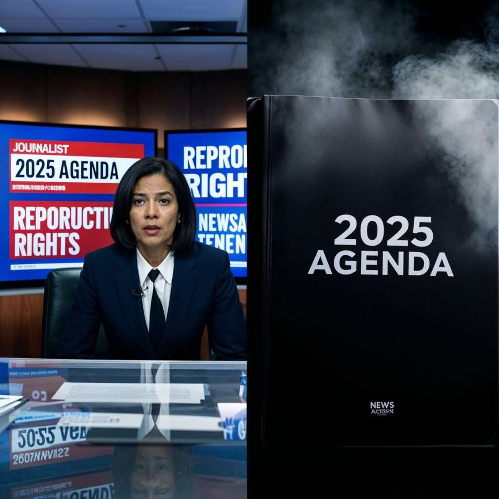 A split-screen image showing a journalist reporting on reproductive rights and the 2025 agenda, paired with a black book titled “2025 Agenda” surrounded by mist, symbolizing mystery and controversy.