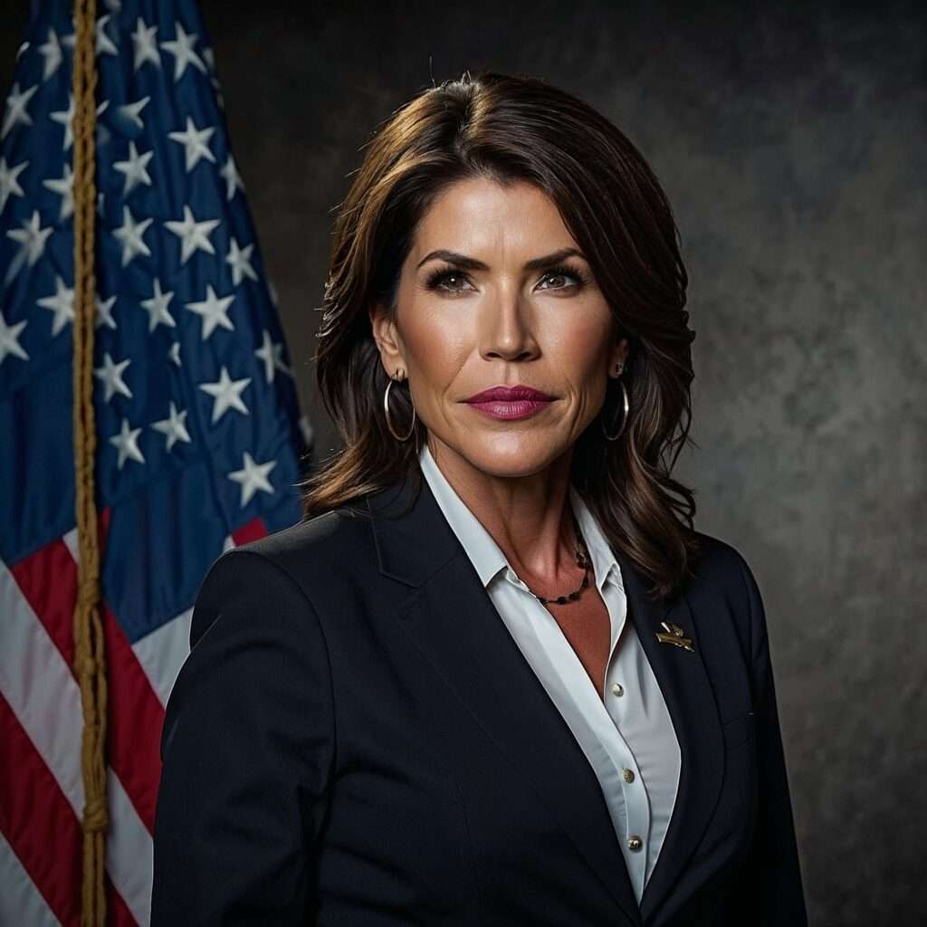 Kristi Noem, a potential Secretary of Homeland Security, standing in front of an American flag in a professional portrait.