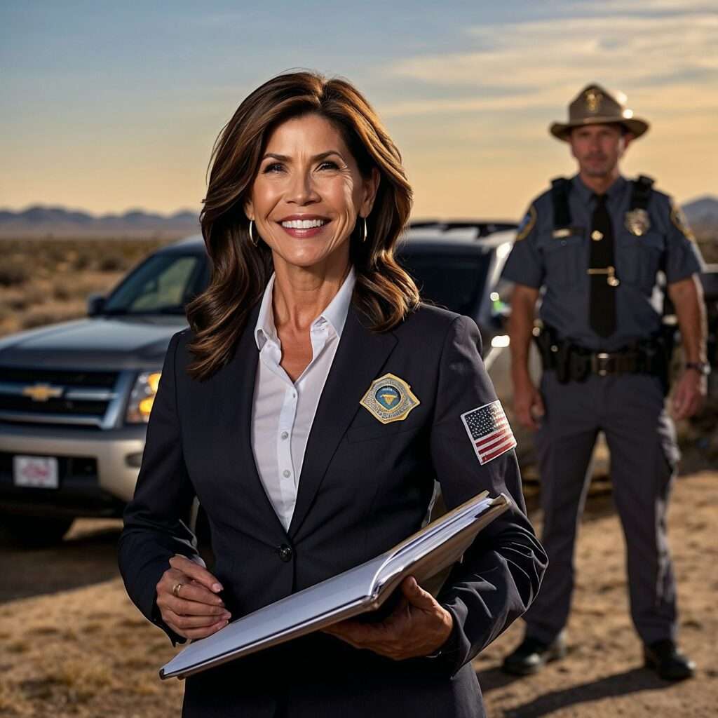 Kristi Noem standing at the U.S.-Mexico border, overseeing security operations in her role as Secretary of Homeland Security.