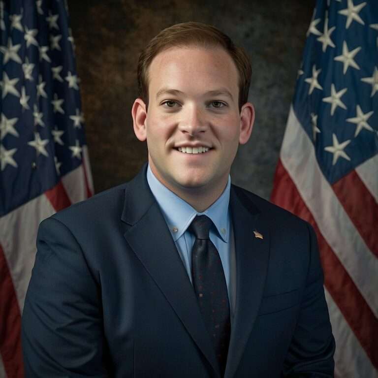 Lee Zeldin, a nominee for EPA Administrator, posing in front of the American flag in a formal suit.