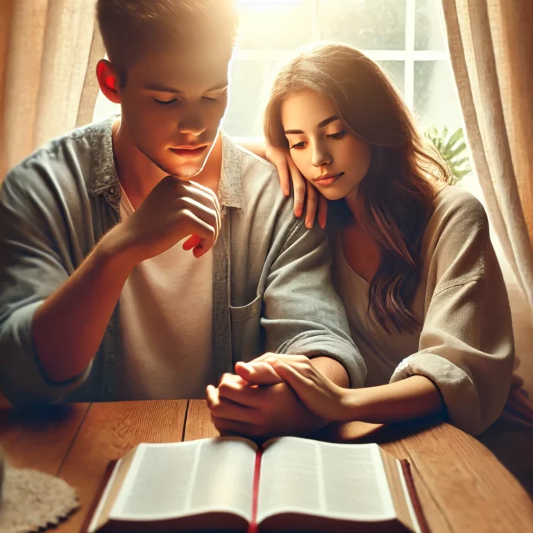 A young couple seated together with an open Bible, symbolizing faith-based guidance for navigating an unexpected pregnancy.