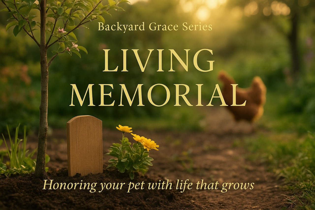 A young tree and small wooden marker grow in a peaceful garden setting, symbolizing a living memorial for a pet chicken or duck.