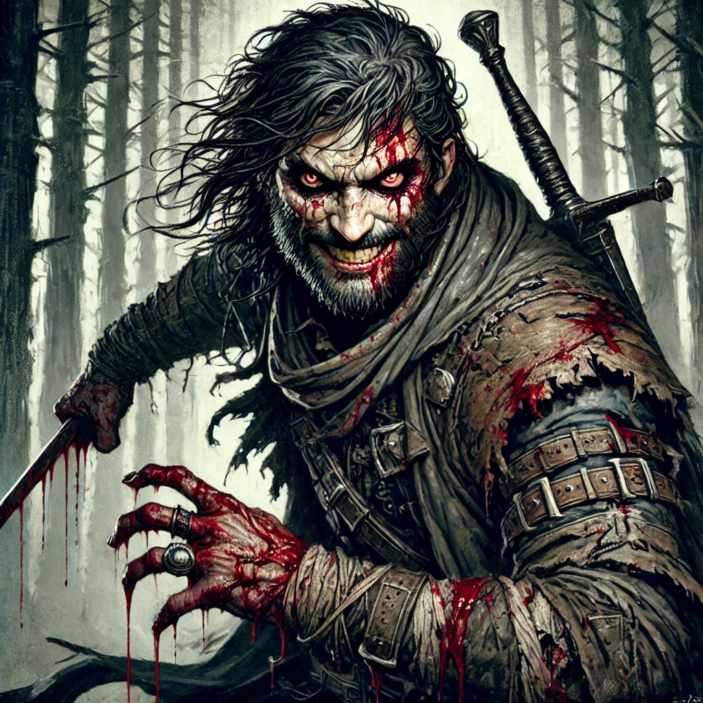 "Illustration of Logen Ninefingers transformed into the Bloody-Nine from Joe Abercrombie’s First Law series, with a feral grin, wild eyes, and bloodied sword in a grimdark forest setting."

