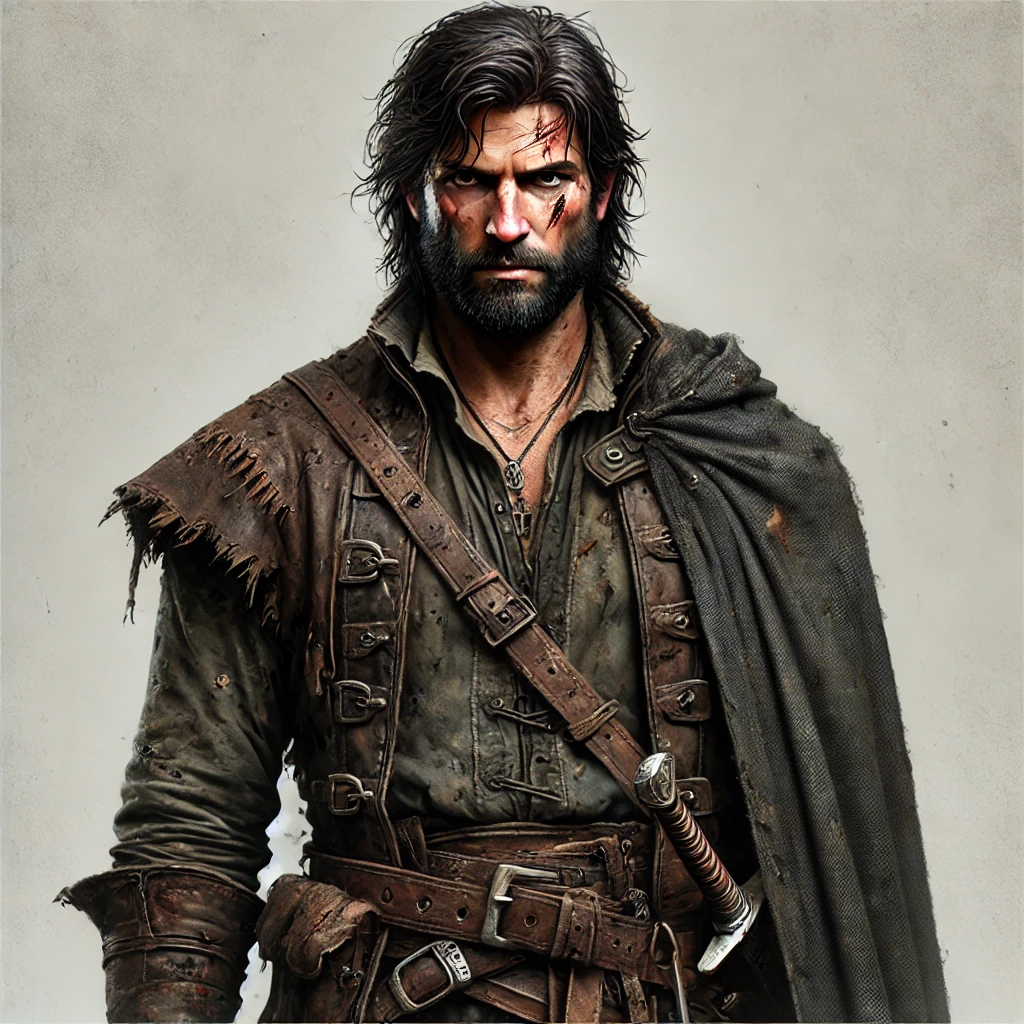 "Full-body illustration of Logen Ninefingers from Joe Abercrombie’s First Law series, rugged and scarred, wearing patched leather and holding a battle-worn sword in a shadowy forest."

