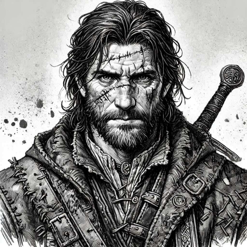 "Illustration of Logen Ninefingers from Joe Abercrombie's The Blade Itself, rugged and scarred with a dark, weary expression, set in a grimdark forest with mist and shadows."