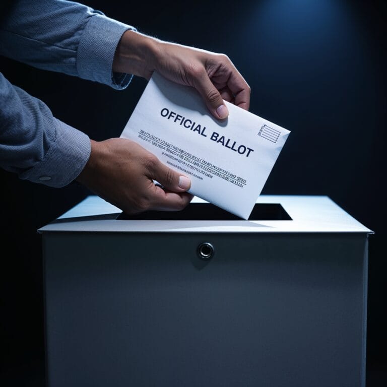 Close-up of a mail-in ballot being placed in a secure ballot box, symbolizing the potential risks and security measures involved in mail-in voting.