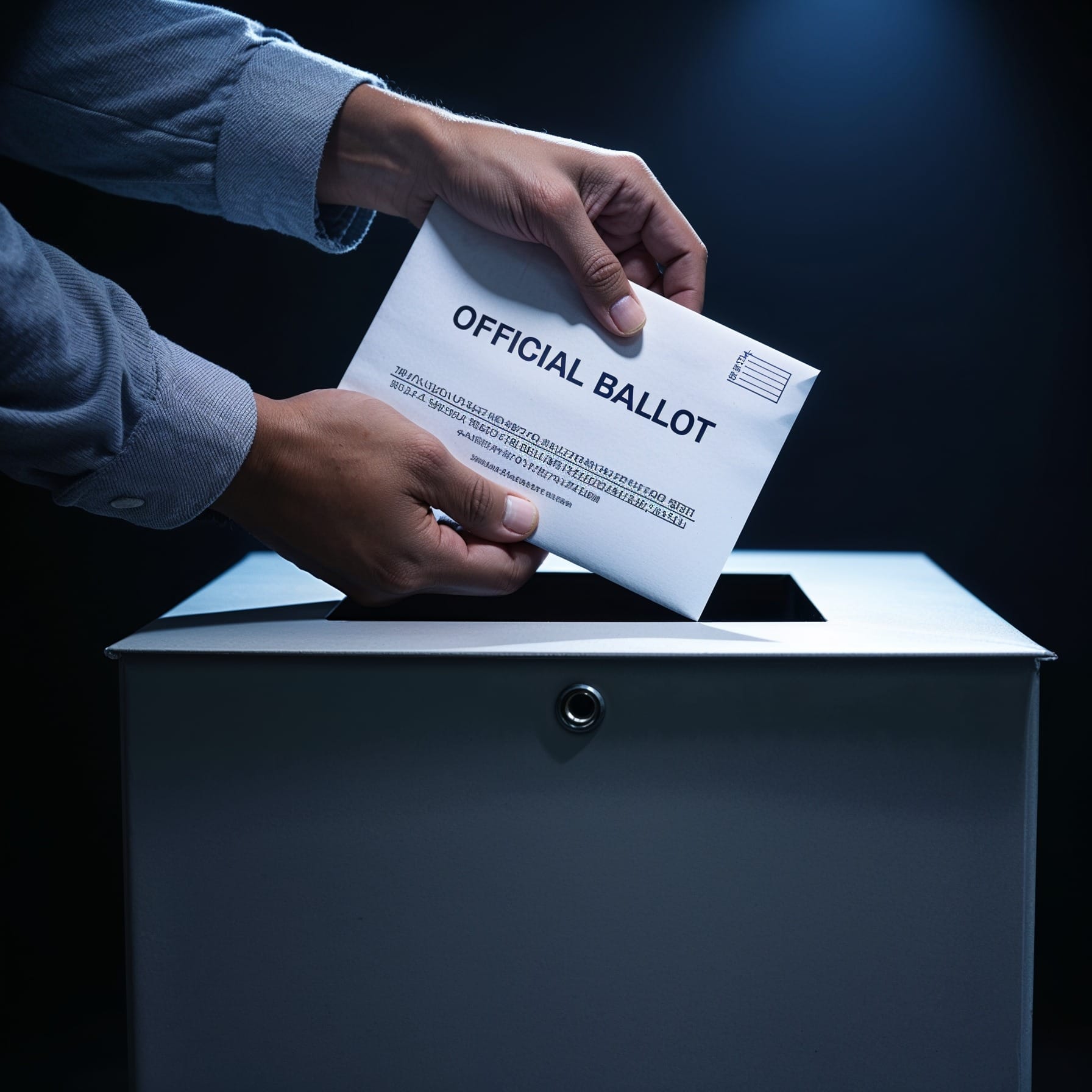 Close-up of a mail-in ballot being placed in a secure ballot box, symbolizing the potential risks and security measures involved in mail-in voting.