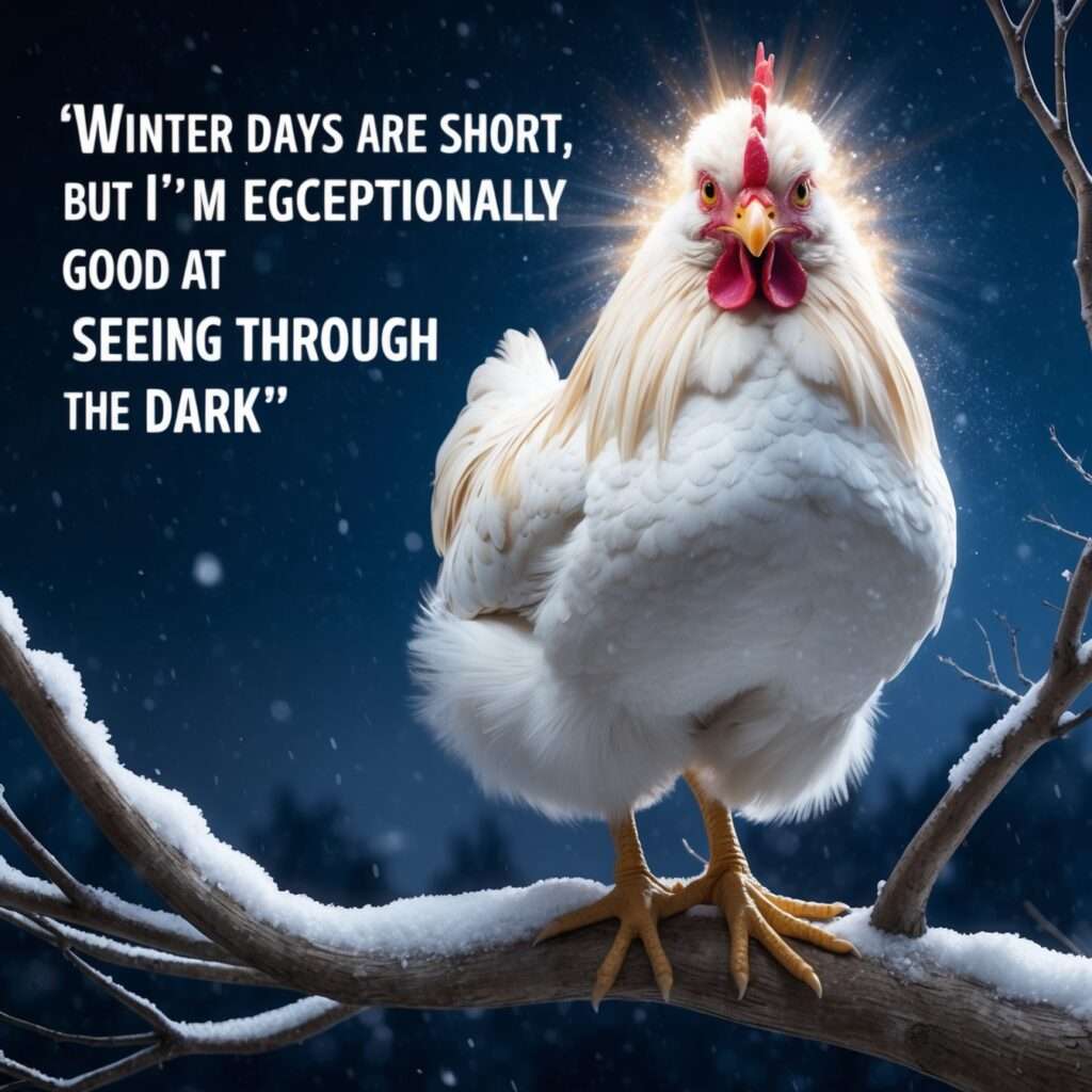 "A majestic chicken with a radiant ethereal glow, sitting gracefully in a barn. The chicken’s fluffy feathers glow as it relaxes in the warmth, surrounded by a serene winter landscape outside with snow gently falling."