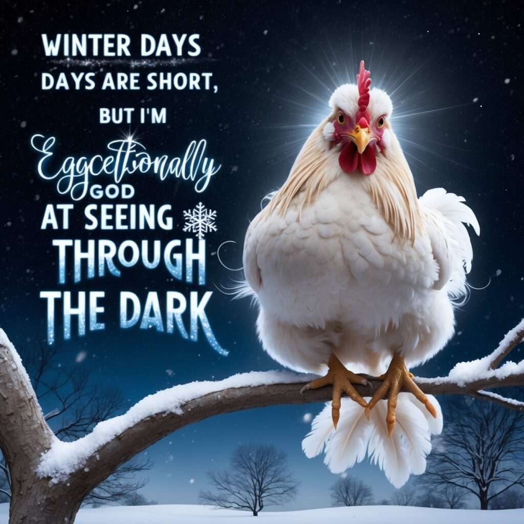 "A majestic chicken with a radiant ethereal glow sitting in a cozy barn. The chicken’s glowing feathers add a serene touch to its winter refuge, with soft snowflakes visible through the barn window."
