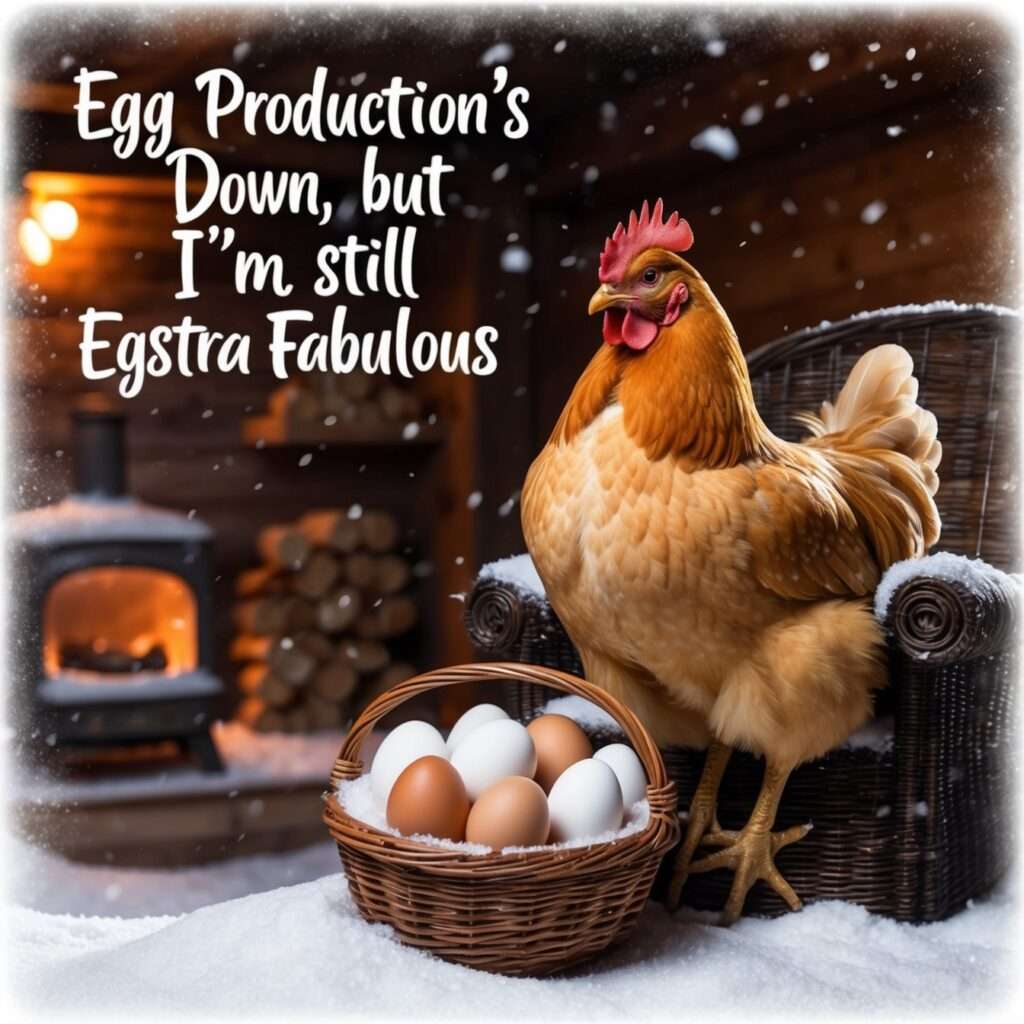 "A proud plump chicken confidently standing in the snow, exuding a majestic presence in a serene winter landscape with snow gently falling around."