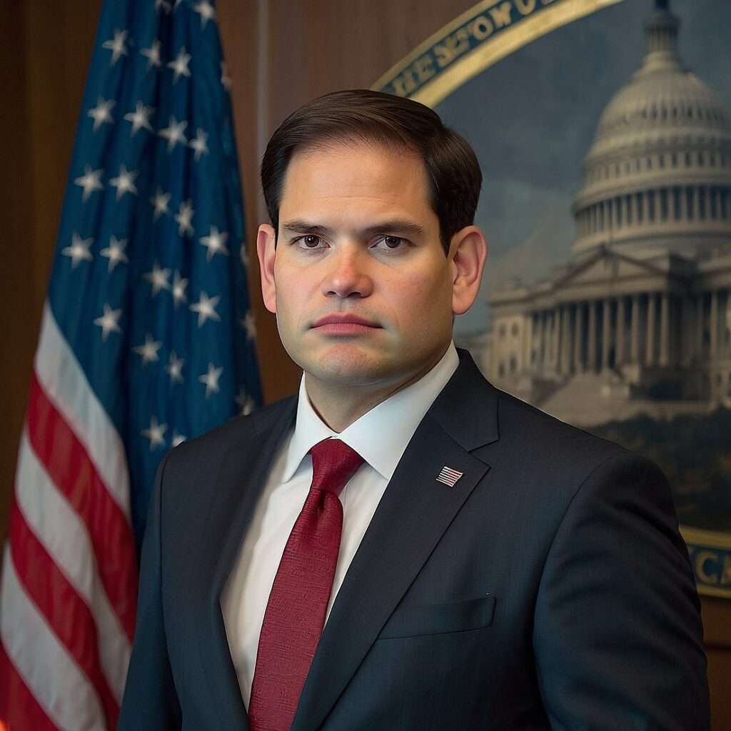 Marco Rubio, nominee for Secretary of State, standing confidently in front of the U.S. Capitol and a globe, symbolizing his leadership in diplomacy and international relations.

