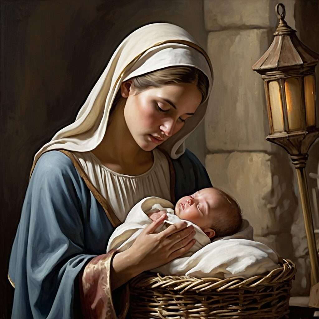 "Mary holding baby Jesus in a woven basket with a lantern glowing nearby, representing the humility and sacredness of the nativity story."