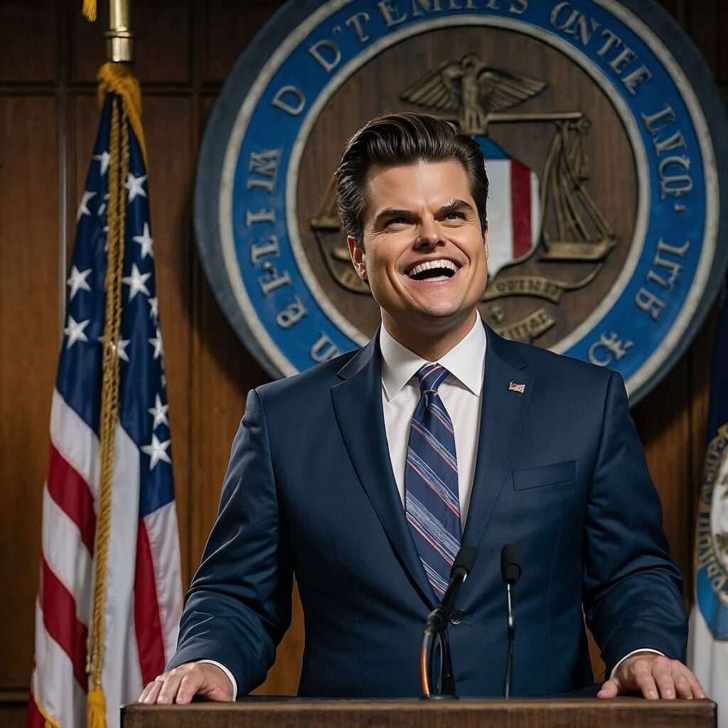 Matt Gaetz speaking at a Department of Justice press conference, emphasizing government accountability and law enforcement initiatives.