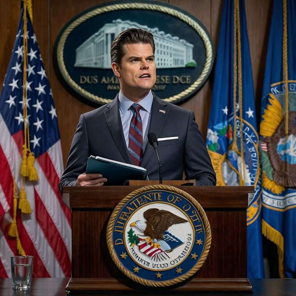 Matt Gaetz leading a Department of Justice press briefing, highlighting transparency in federal law enforcement.