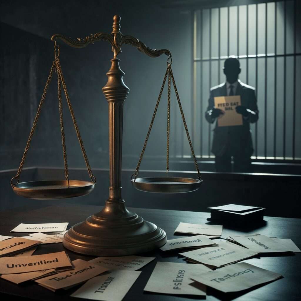 "A symbolic courtroom scene depicting the Matt Gaetz human trafficking allegations. A justice scale in the foreground is tilted, with one side holding documents labeled 'Unverified' and 'Testimony,' and the other side empty, symbolizing the lack of concrete evidence. In the background, a shadowy figure behind prison bars holds a paper labeled 'Plea Deal,' adding ambiguity. The scene is dimly lit with a spotlight on the scale, emphasizing themes of justice and credibility."

