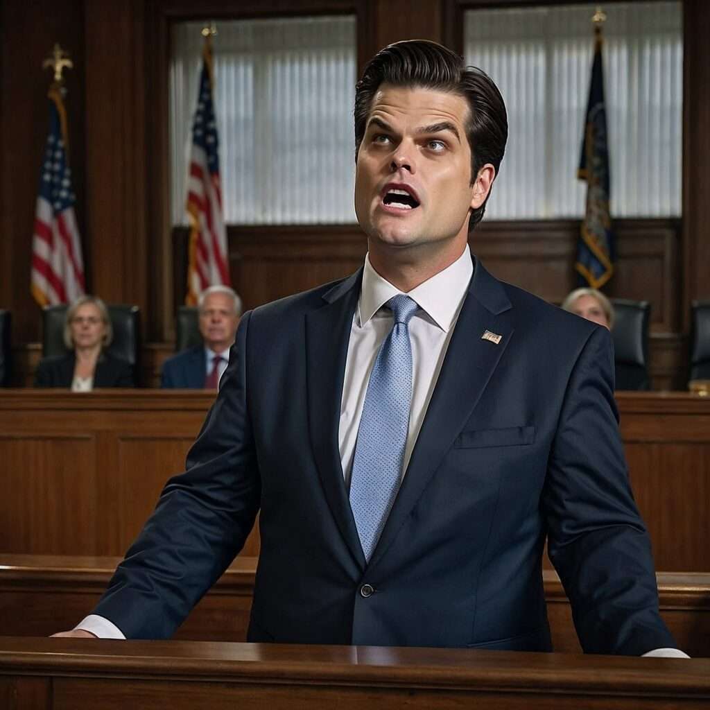 Matt Gaetz passionately delivering a courtroom speech, symbolizing his dedication to justice, ethical governance, and anti-corruption efforts.