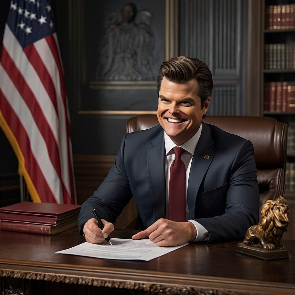 Matt Gaetz, seated at a desk in the Department of Justice office, signing a key policy document with the DOJ emblem and flags in the background.