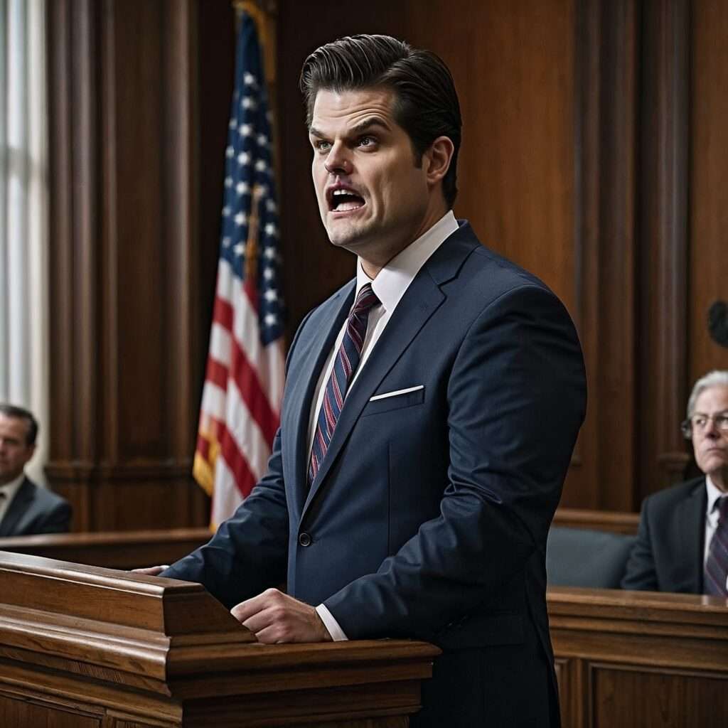 Matt Gaetz delivering a powerful courtroom speech while prosecuting corrupt politicians, emphasizing justice and accountability.