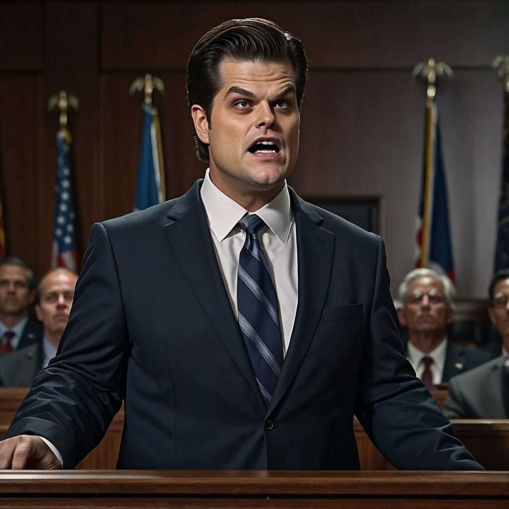 Matt Gaetz passionately prosecuting corrupt politicians in a courtroom, delivering a powerful speech as part of his commitment to accountability and justice.