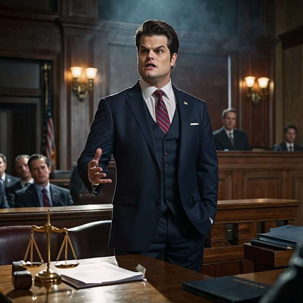 Matt Gaetz actively prosecuting corrupt politicians in a courtroom, with a professional and intense legal atmosphere.

